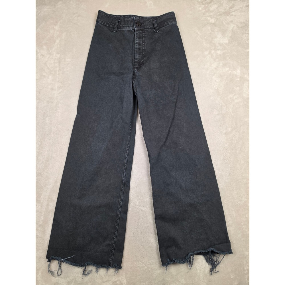 ZARA Jeans Womens 6 Black High Rise Wide Leg Raw Hem Denim Pants Boho